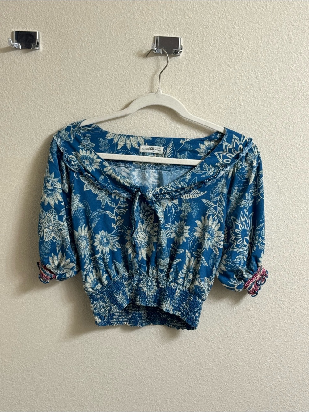 Blue Floral Tie-Neck Crop Top by Natural Life